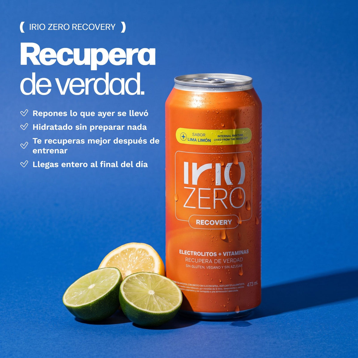 Irio ZERO Recovery Lima Limón en lata de 473 mL sobre fondo azul, con lima y limón. Recupera de verdad