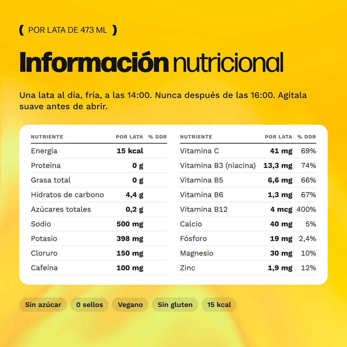 Información nutricional por lata de 473 mL de Irio ZERO Energy