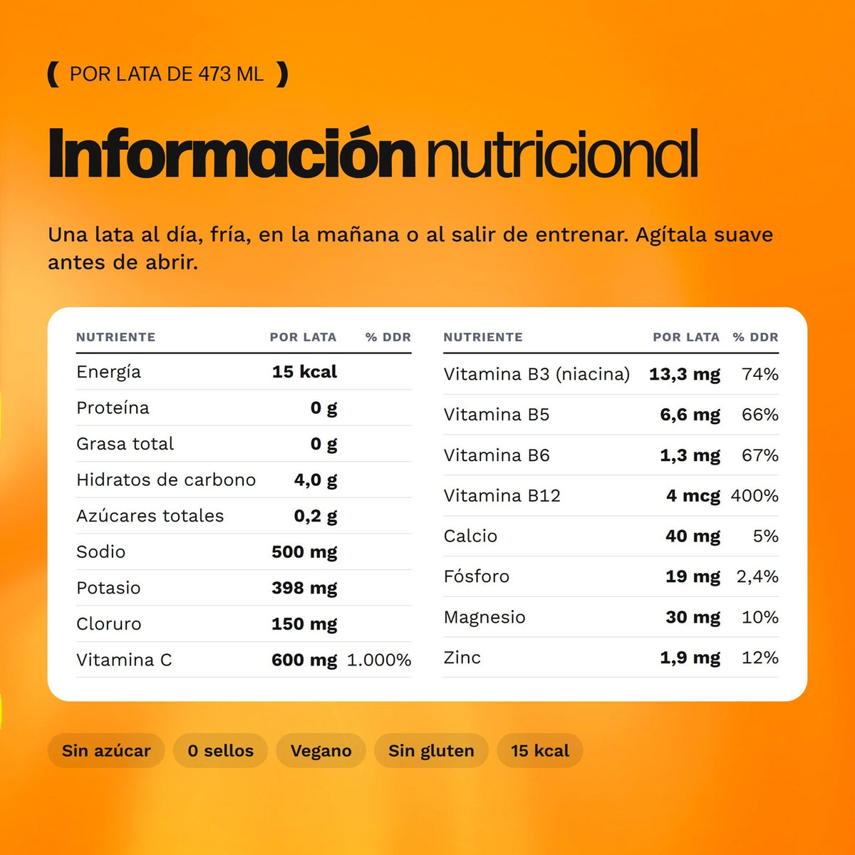 Información nutricional por lata de 473 mL de Irio ZERO Recovery