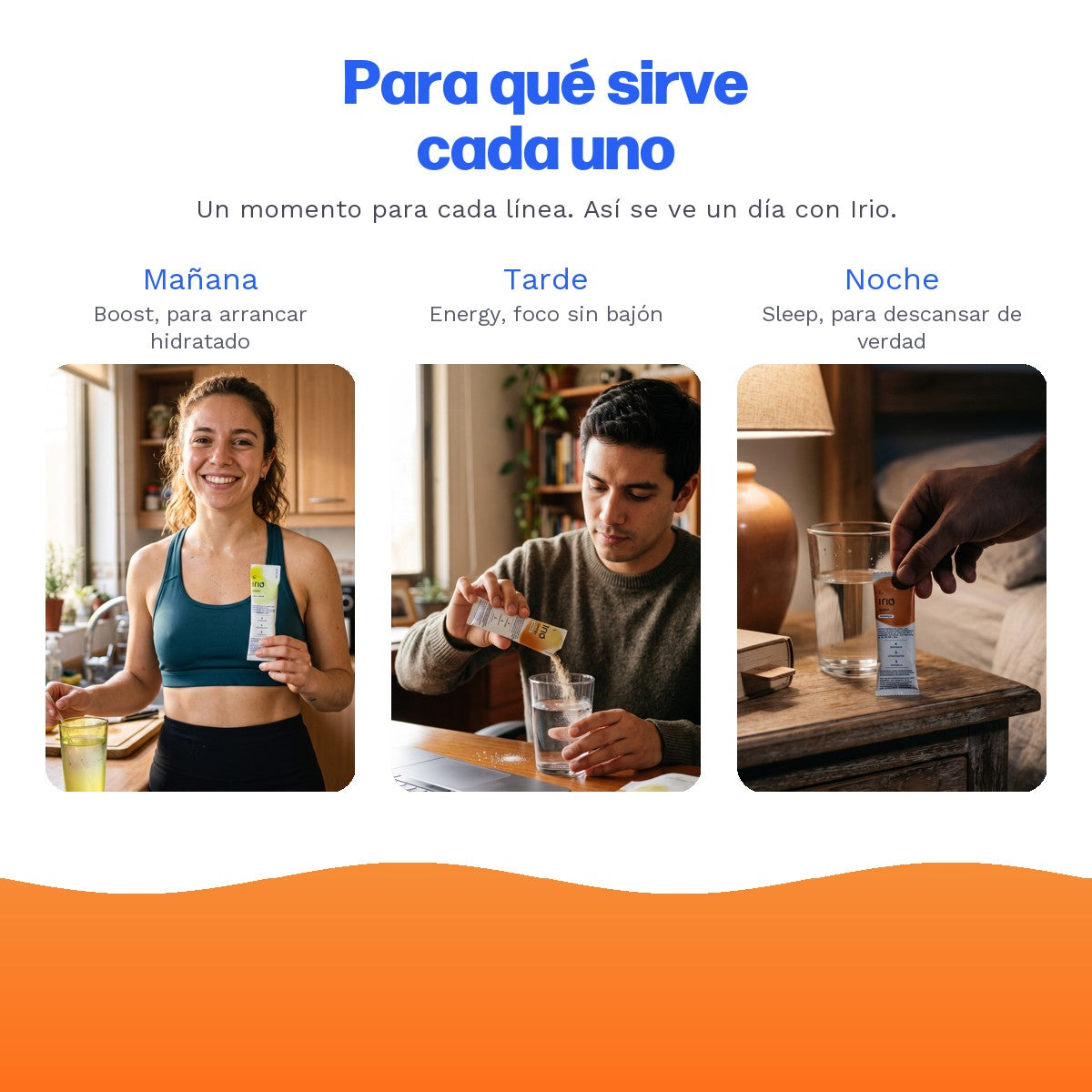Starter Pack Irio — Para qué sirve cada uno: mañana Boost, tarde Energy, noche Sleep